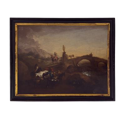 Nicolaes Berchem, Paesaggio fluviale con ponte e viandanti
