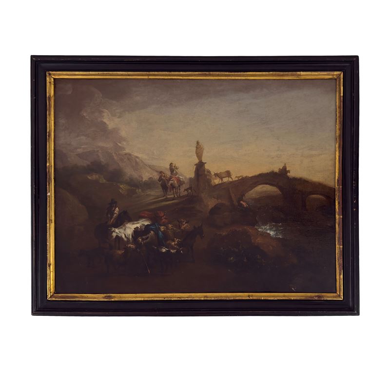Nicolaes Berchem, Paesaggio fluviale con ponte e viandanti