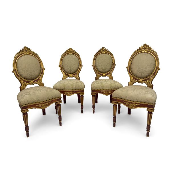 Quattro sedie di noce parzialmente dorato, XIX secolo