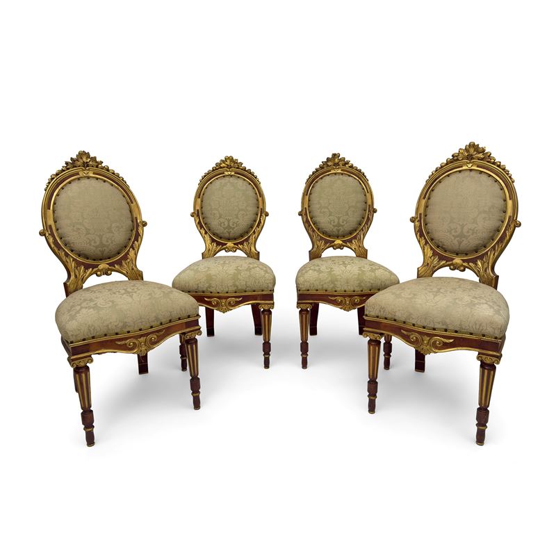Quattro sedie di noce parzialmente dorato, XIX secolo