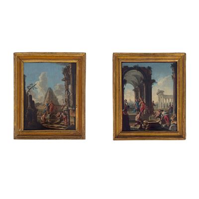 Alberto Carlieri (attribuito), Scene classiche con figure, coppia di oli su tela