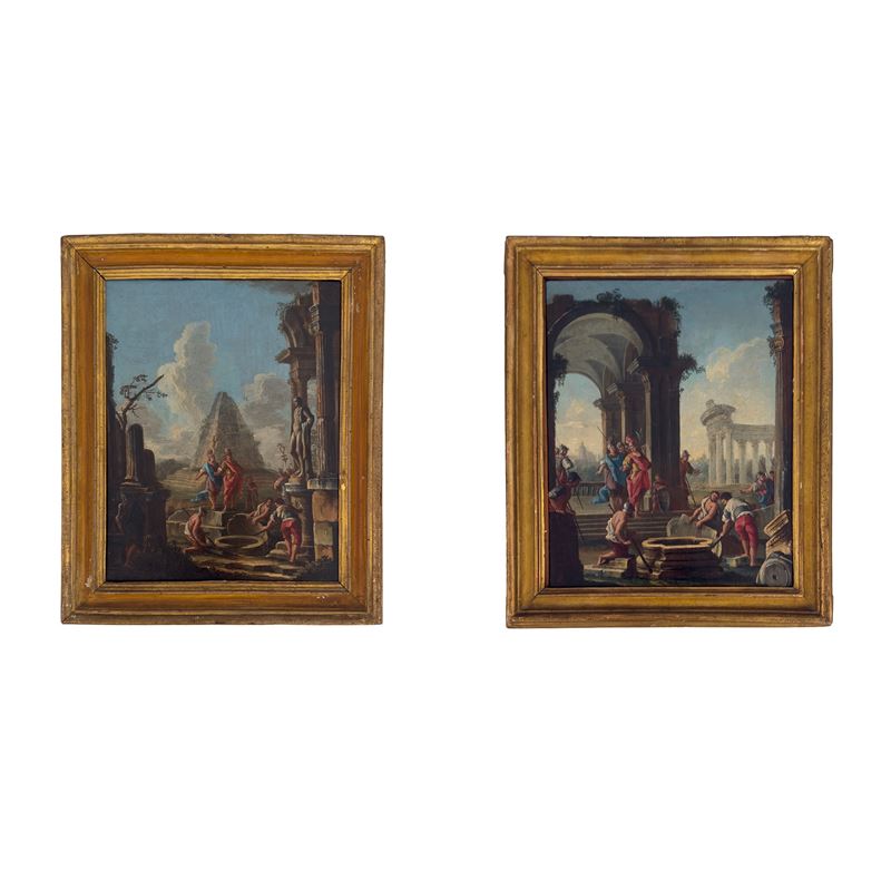 Alberto Carlieri (attribuito), Scene classiche con figure, coppia di oli su tela