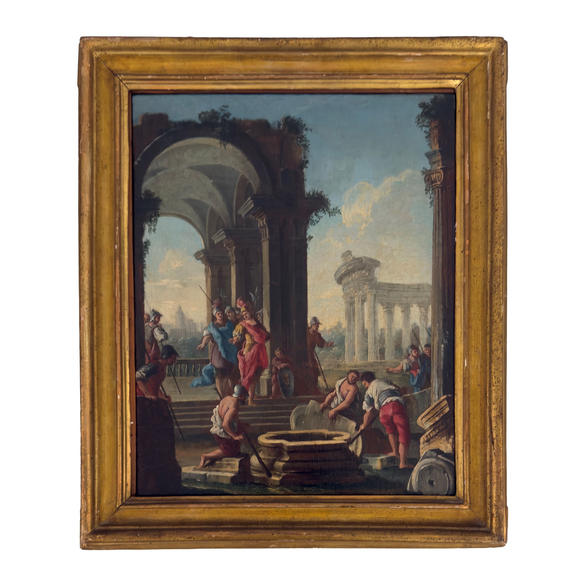 Alberto Carlieri (attribuito), Scene classiche con figure, coppia di oli su tela