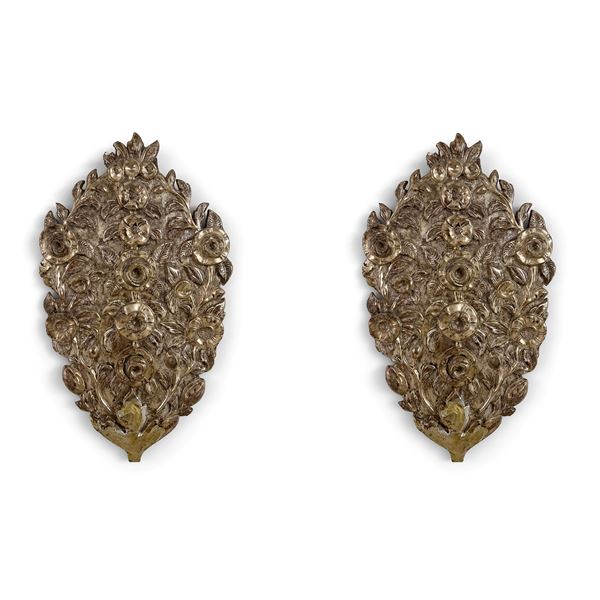 Coppia di portapalme in legno argentato, Napoli, XVIII secolo