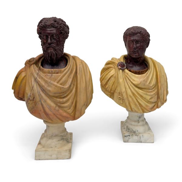 Coppia di busti di imperatrori romani in porfido e marmi policromi