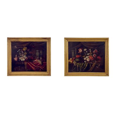 Francesco Fieravino (ambito), Natura morta con fiori e frutta e pappagallo e scoiattolo, olio su ...