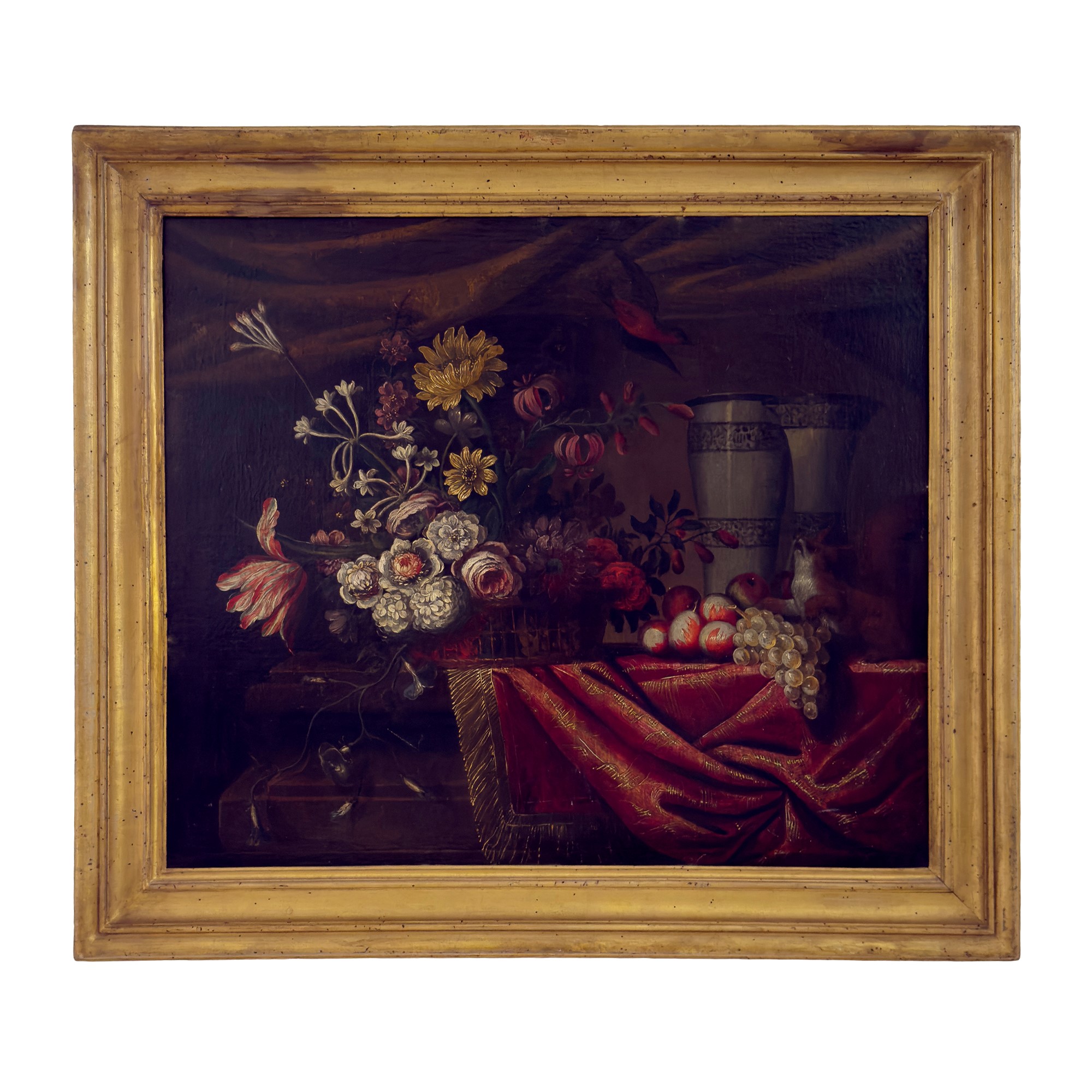 Francesco Fieravino (ambito), Natura morta con fiori e frutta e pappagallo e scoiattolo, olio su ...