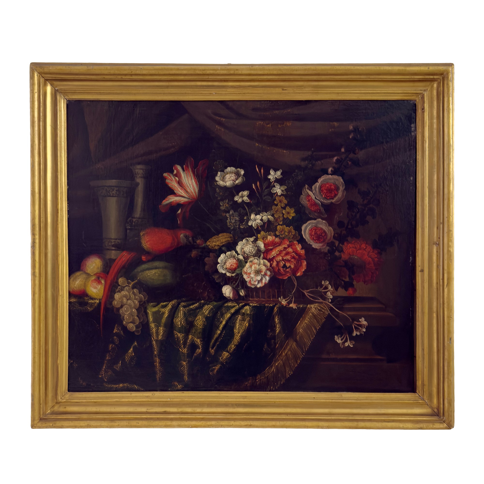 Francesco Fieravino (ambito), Natura morta con fiori e frutta e pappagallo e scoiattolo, olio su ...