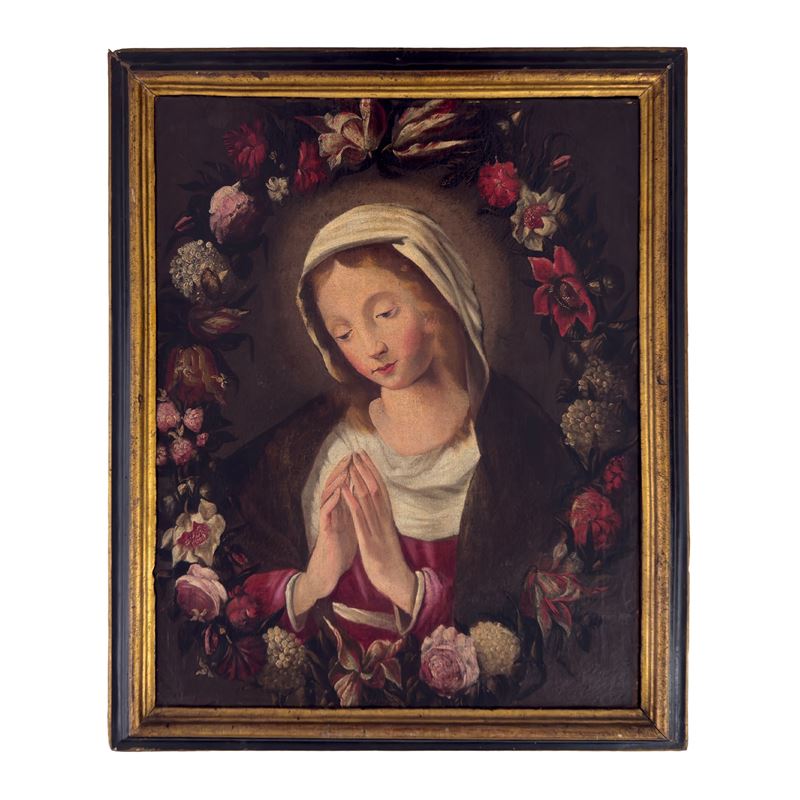 Pittore romano del XVIII secolo, Madonna orante entro ghirlanda di fiori
