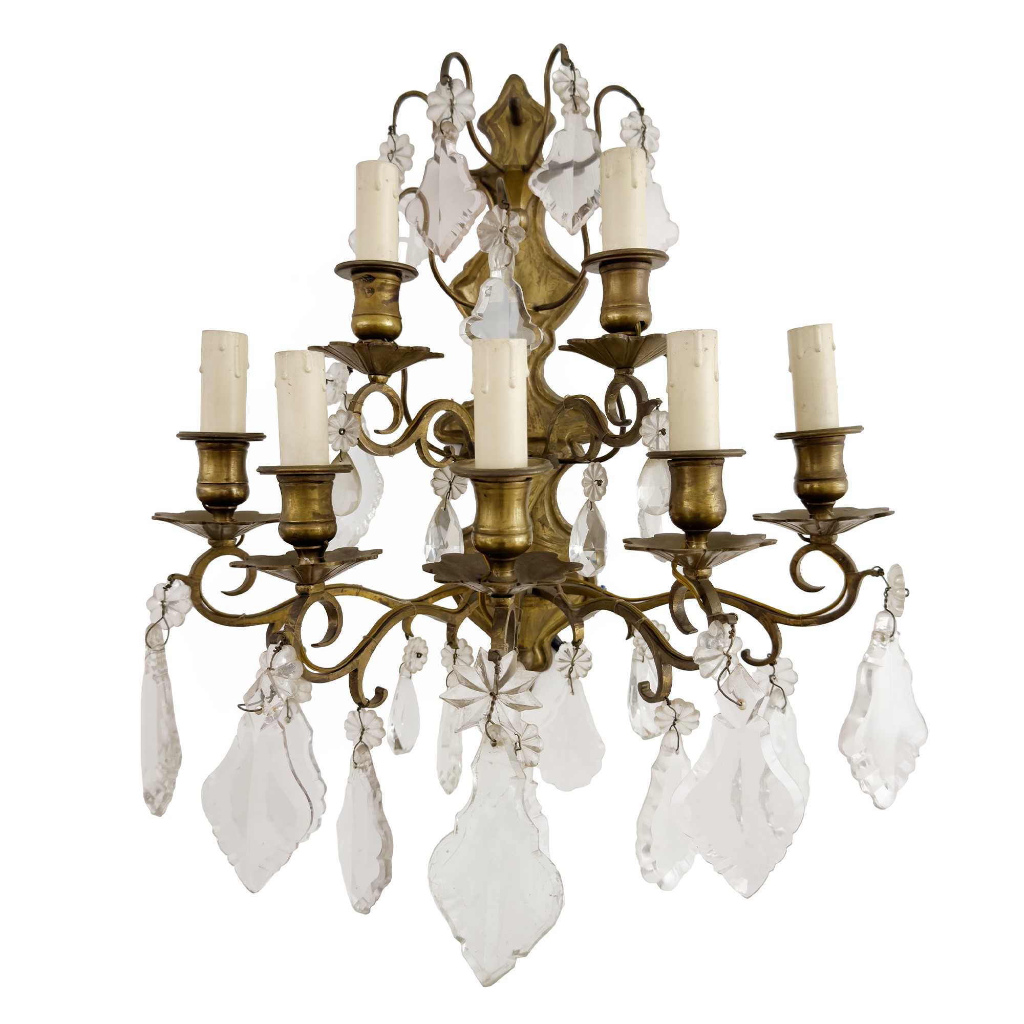 Coppia di appliques in bronzo a sette luci, design raffinato con pendenti in vetro
