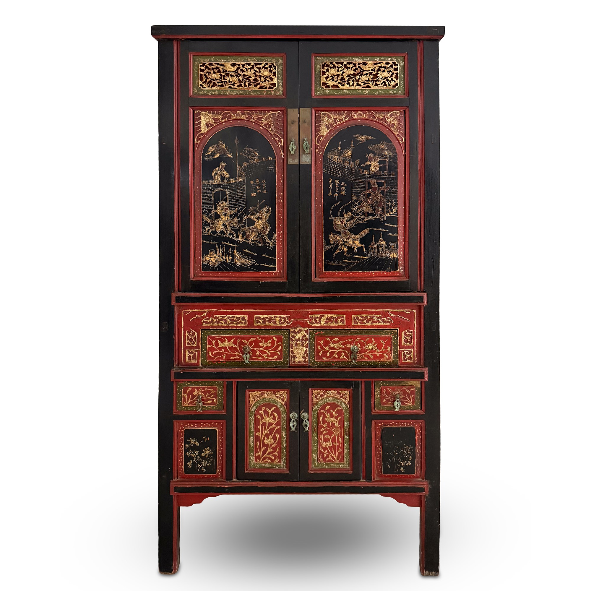 Coppia di mobili a doppio corpo in legno laccato rosso, nero e dorato, Arte Orientale