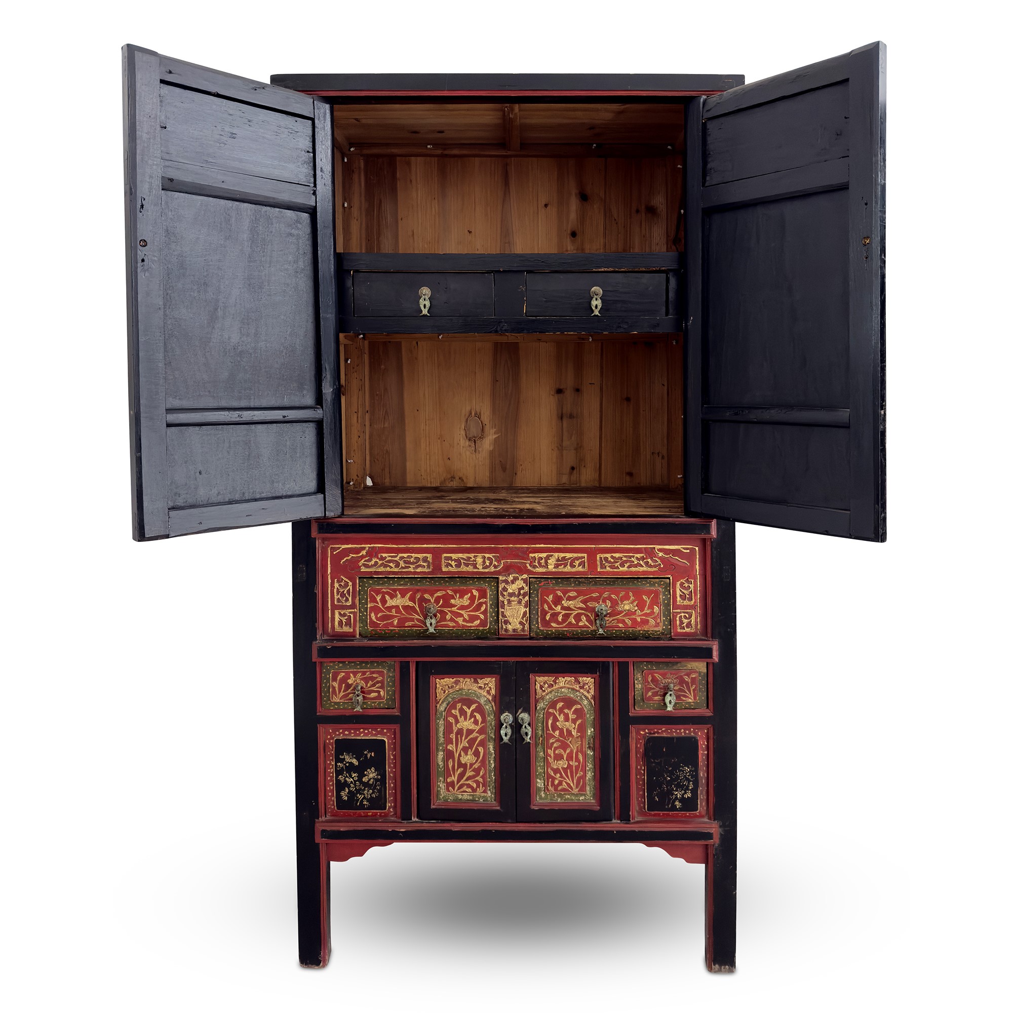 Coppia di mobili a doppio corpo in legno laccato rosso, nero e dorato, Arte Orientale