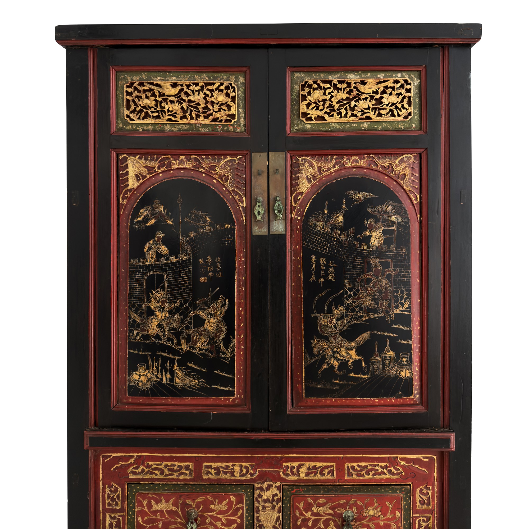 Coppia di mobili a doppio corpo in legno laccato rosso, nero e dorato, Arte Orientale