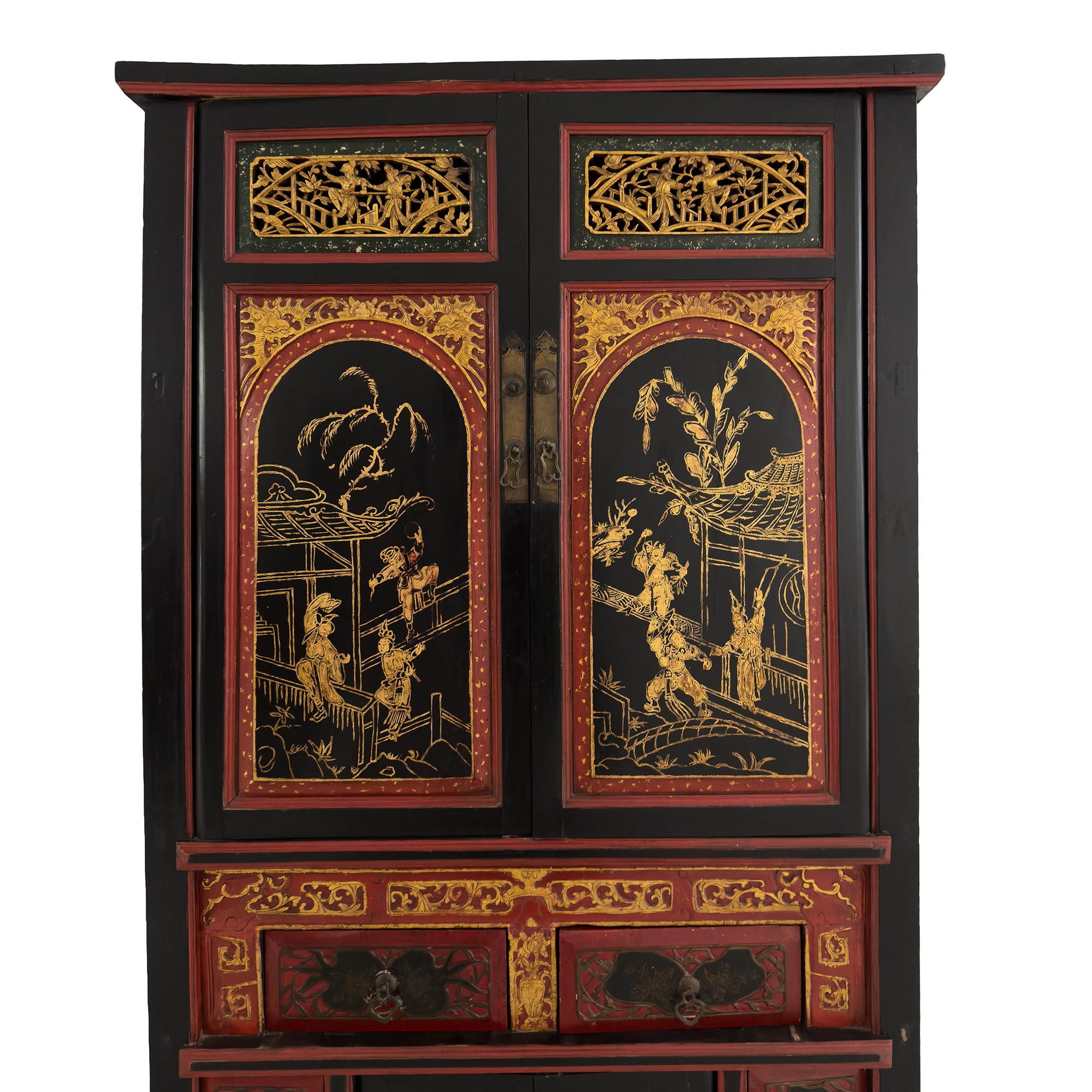 Coppia di mobili a doppio corpo in legno laccato rosso, nero e dorato, Arte Orientale