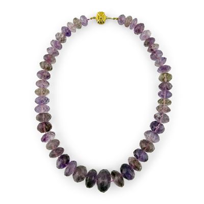 Collana con quarzi ametrini sfaccettati e chiusura in oro giallo 18 kt, lunghezza 63 cm