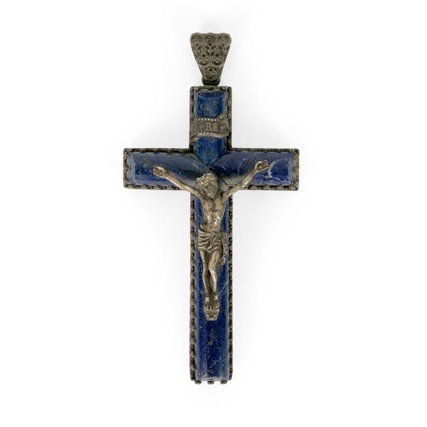 Crocifisso pendente in argento e lapislazzuli, datato 1893