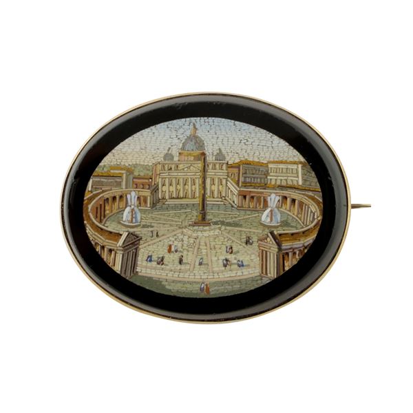 Spilla con micromosaico ovale raffigurante Piazza San Pietro, XIX secolo