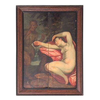 Pittore fiammingo del XVII secolo, Satiro e ninfa dormiente (Allegoria del Sonno), olio su tavola