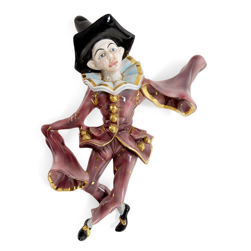 Maschera della Commedia dell'Arte in ceramica policroma e dorata, Bassano, ABC, anni '50