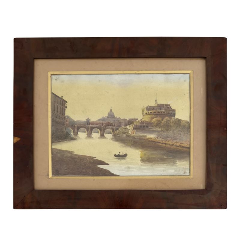 Pittore del XIX secolo, Veduta del Tevere con Castel Sant'Angelo e San Pietro