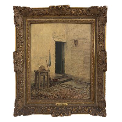 Richard Viandier, Il cortile, olio su tela, 51x43 cm