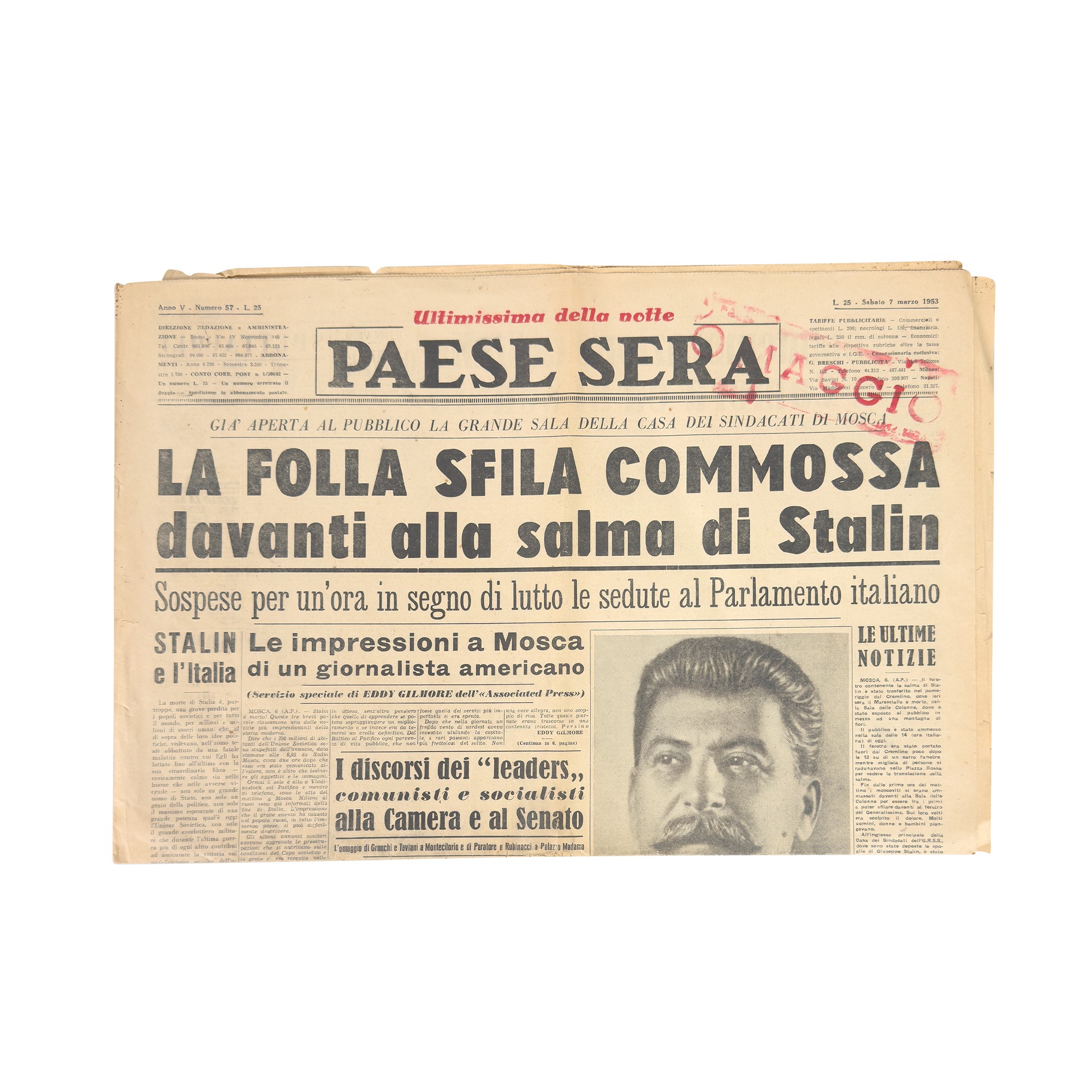Copia de L'Unità, Paese Sera e Vie Nuove: Tributi alla Morte di Stalin