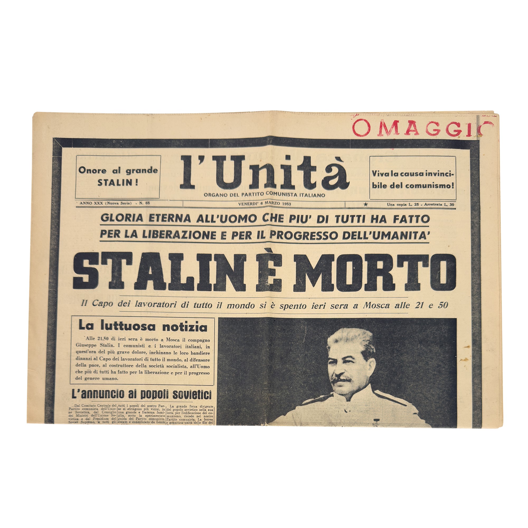 Copia de L'Unità, Paese Sera e Vie Nuove: Tributi alla Morte di Stalin