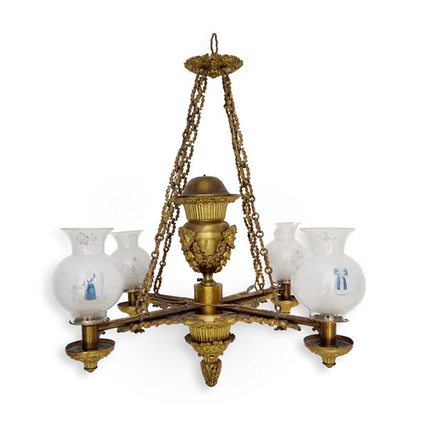 Lampadario in bronzo dorato a quattro luci, Inghilterra, periodo Regency