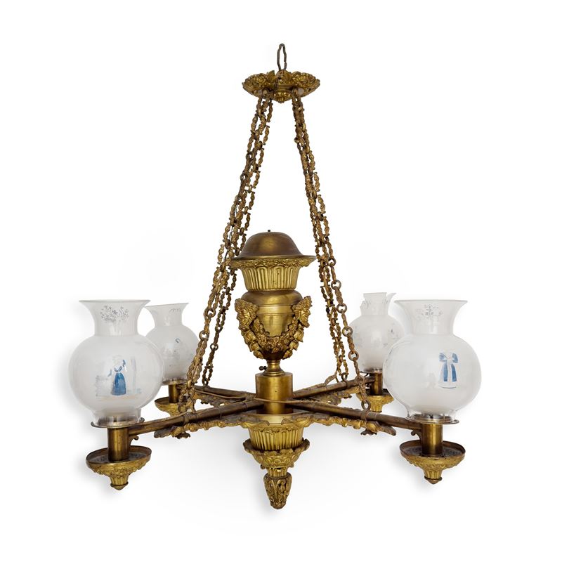 Lampadario in bronzo dorato a quattro luci, Inghilterra, periodo Regency
