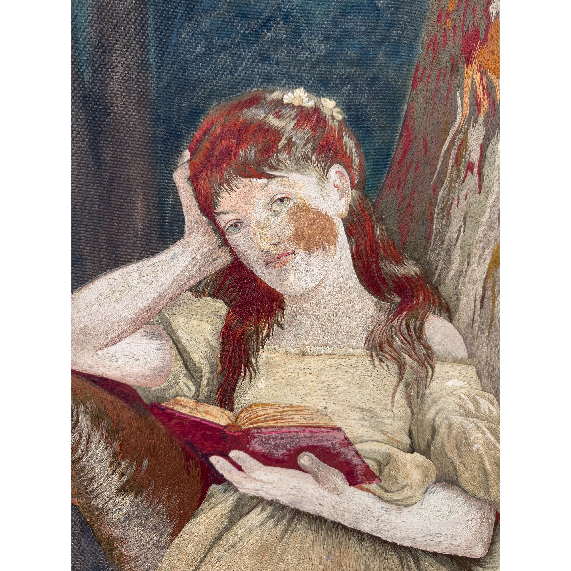 Grande pannello rettangolare in tessuto ricamato e dipinto, 1899