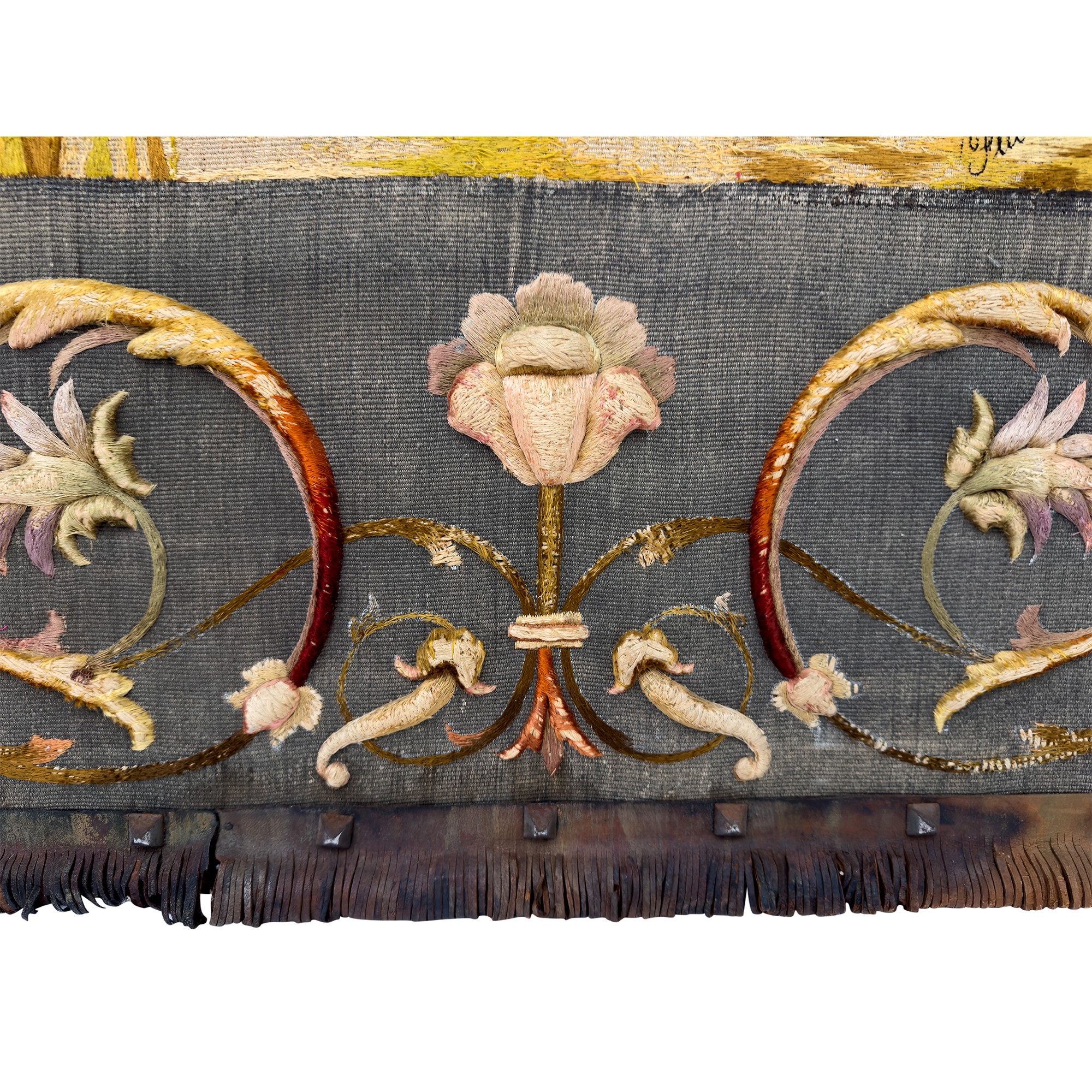 Grande pannello rettangolare in tessuto ricamato e dipinto, 1899