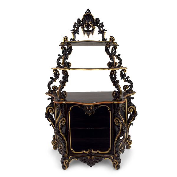Mobile vetrina con alzata in legno ebanizzato e dorato, Italia meridionale, XIX secolo