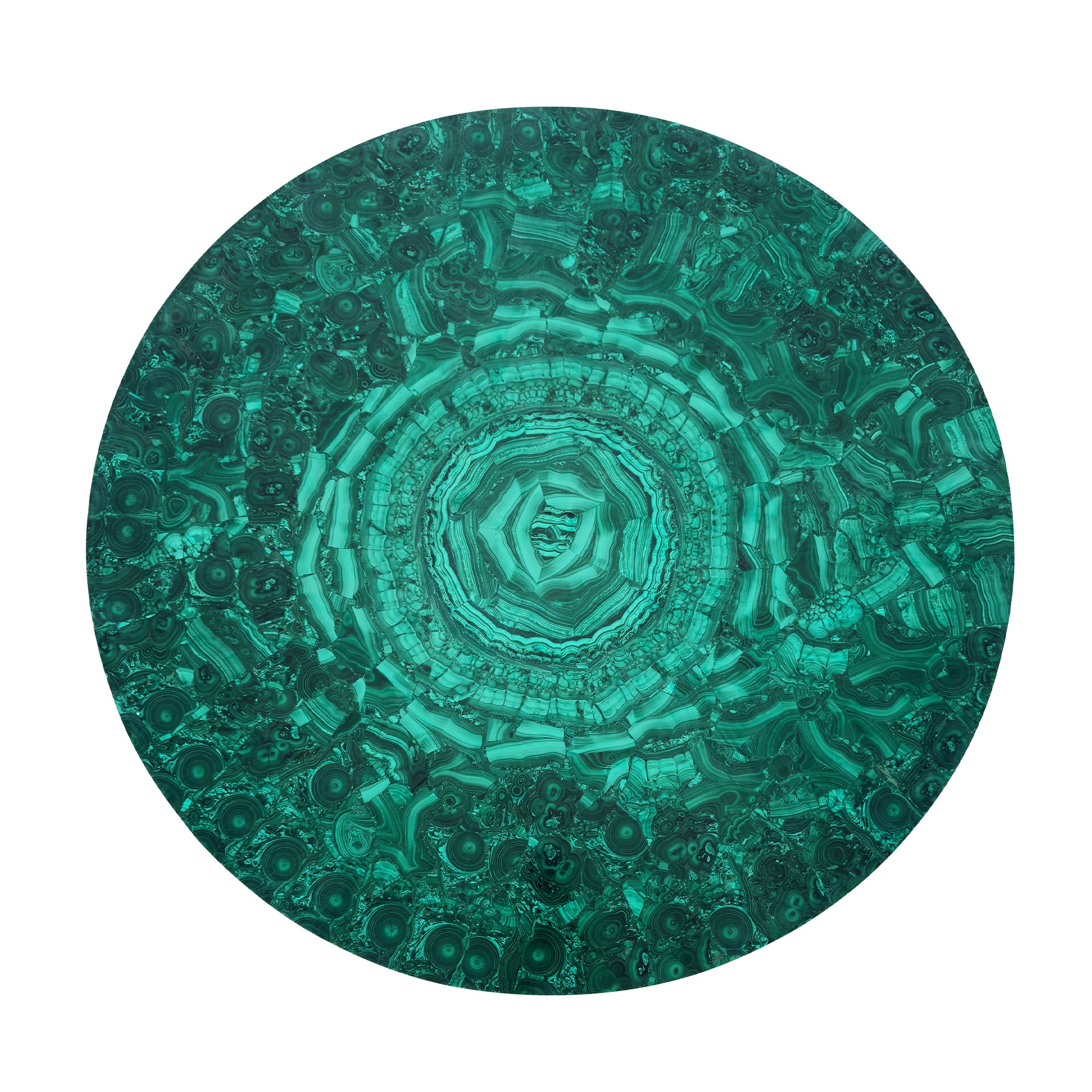 Tavolo in legno dorato con piano circolare placcato in malachite