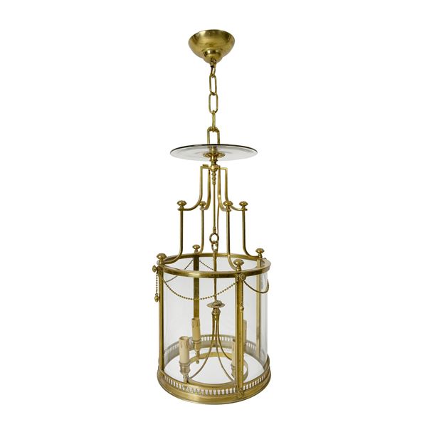 Lampadario a lanterna in ottone, vetro e vetro soffiato di forma cilindrica