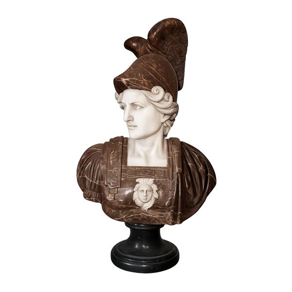 Busto di Minerva in marmo bianco e marmo venato
