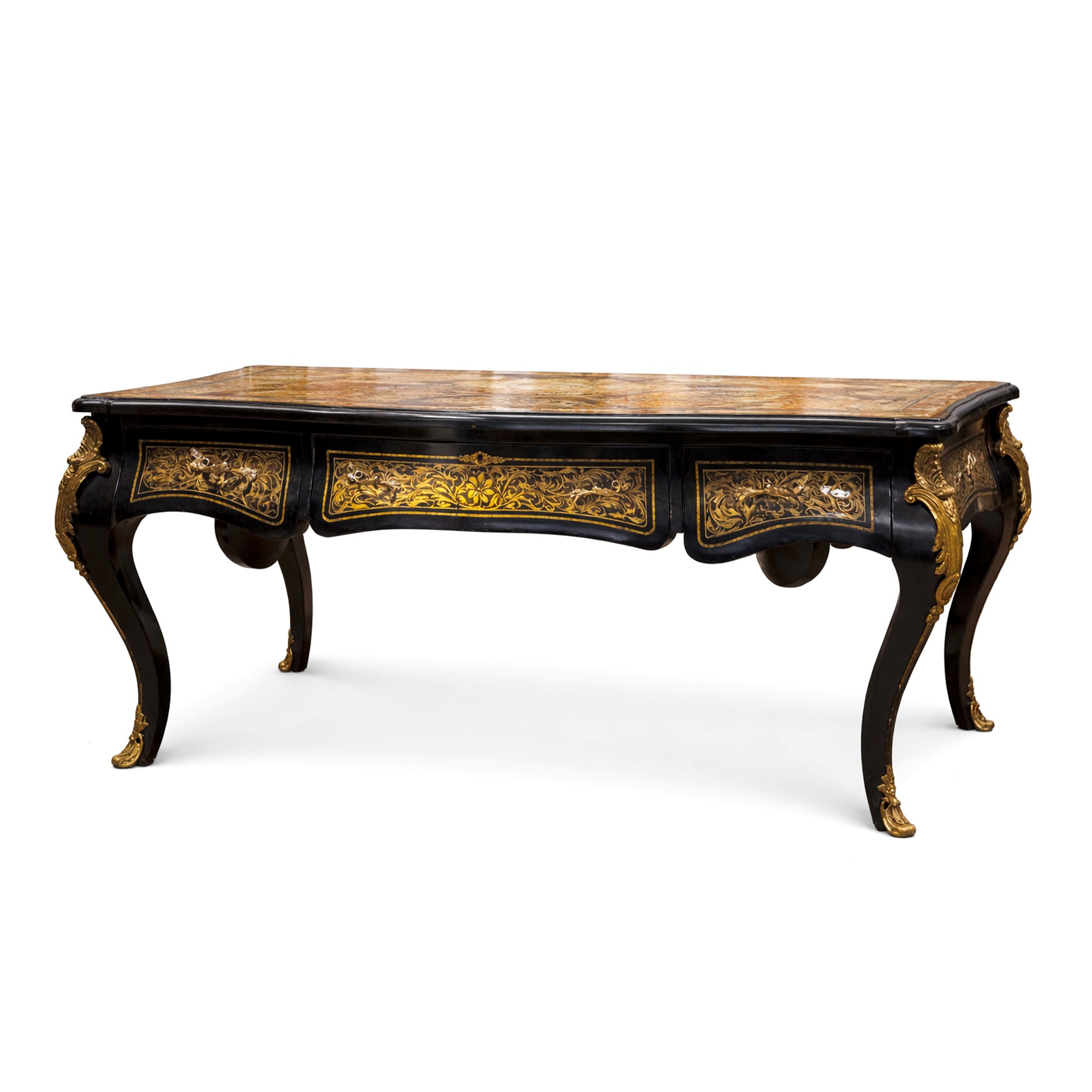 Bureau plat in legno ebanizzato dipinto a simulare un intarsio alla maniera di Boulle