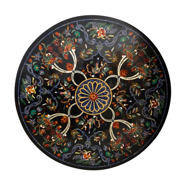 Piano circolare in marmo nero intarsiato in marmi policromi