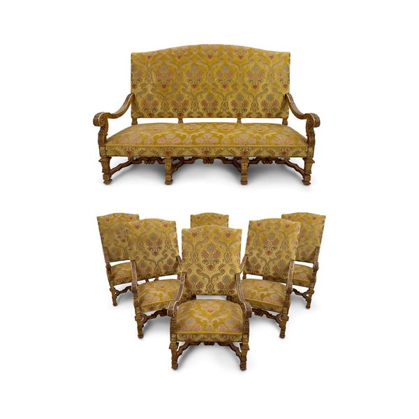 Servizio da salotto composto da un divano e sei poltrone in stile Reggenza