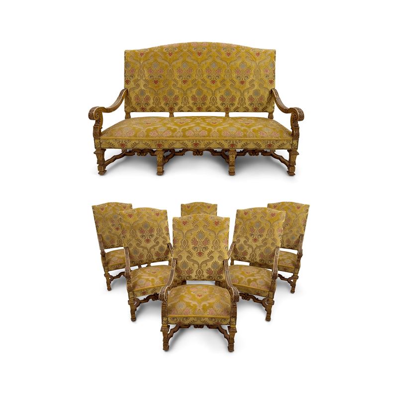 Servizio da salotto composto da un divano e sei poltrone in stile Reggenza