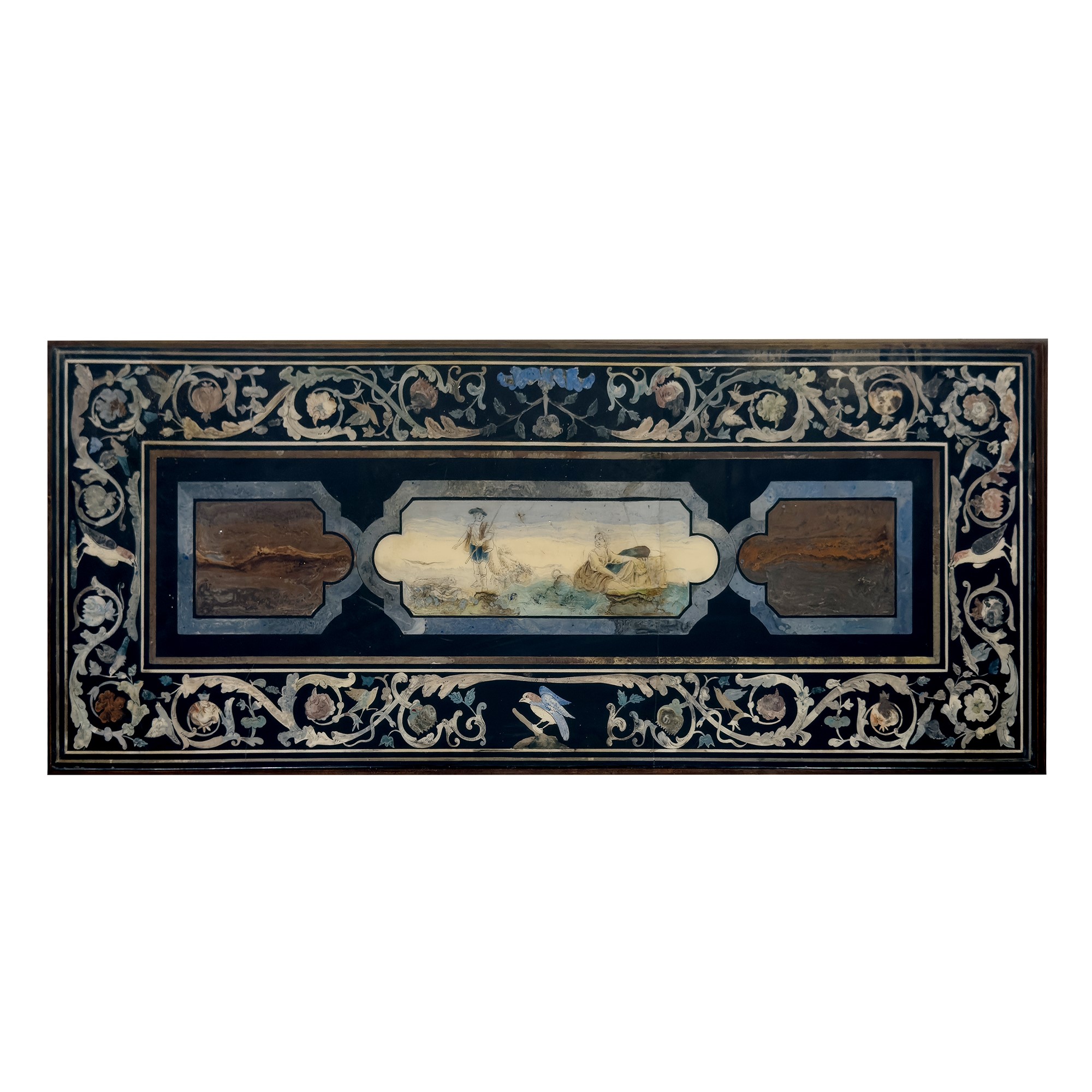 Tavolo da centro con piano rettangolare incassato in scagliola