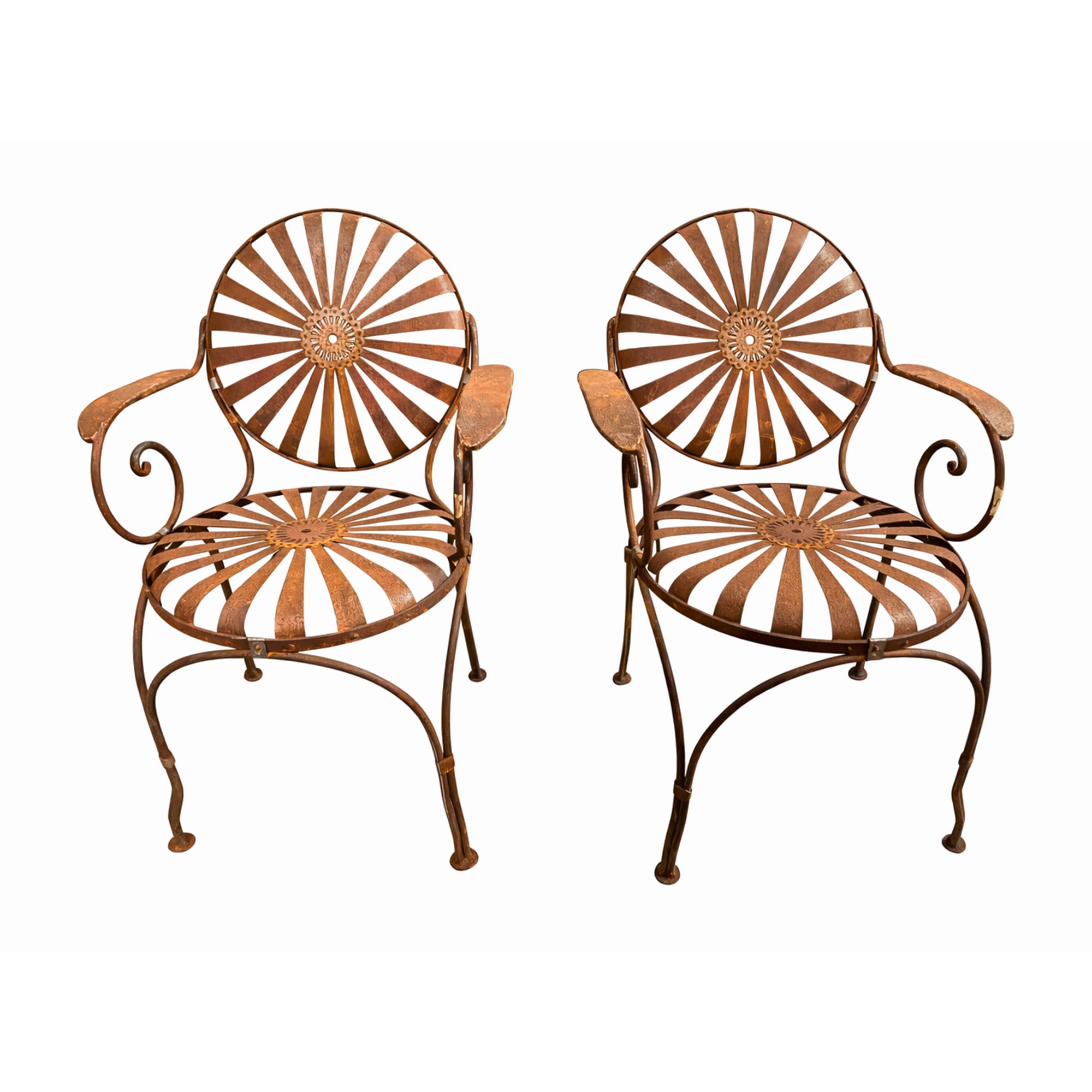 Coppia di poltrone e quattro sedie in ferro battuto