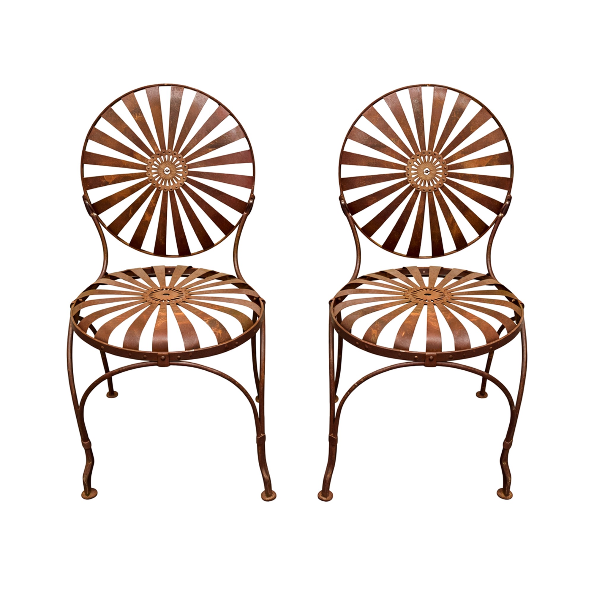 Coppia di poltrone e quattro sedie in ferro battuto