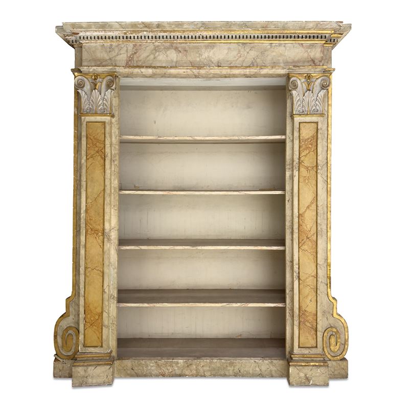 Mobile libreria in legno laccato a finto marmo e dorato, Marche, XVIII/XIX secolo