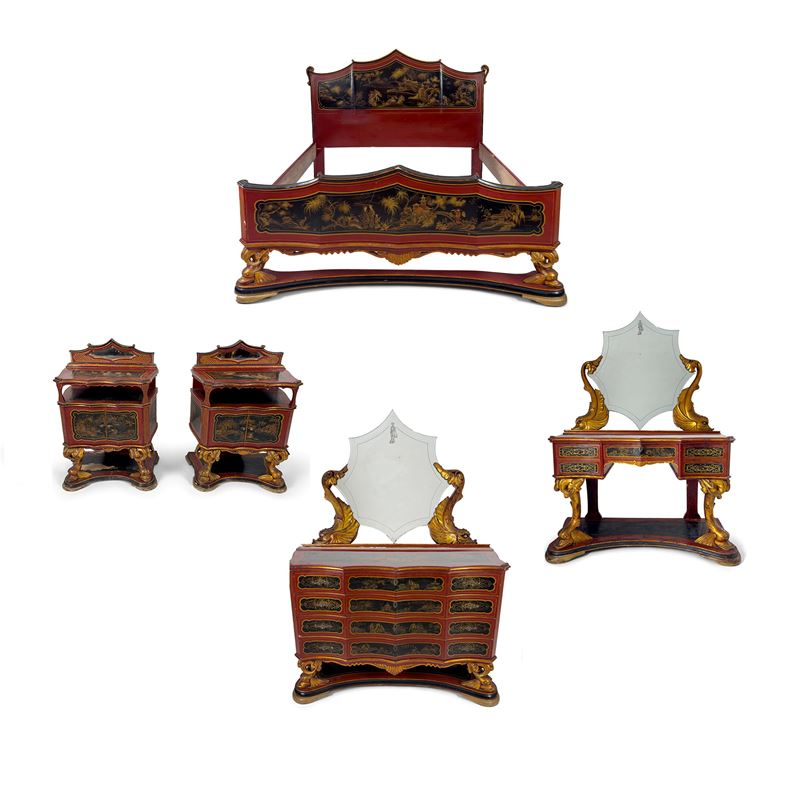 Camera da letto di stile eclettico in legno laccato rosso pompeiano e nero, anni '50