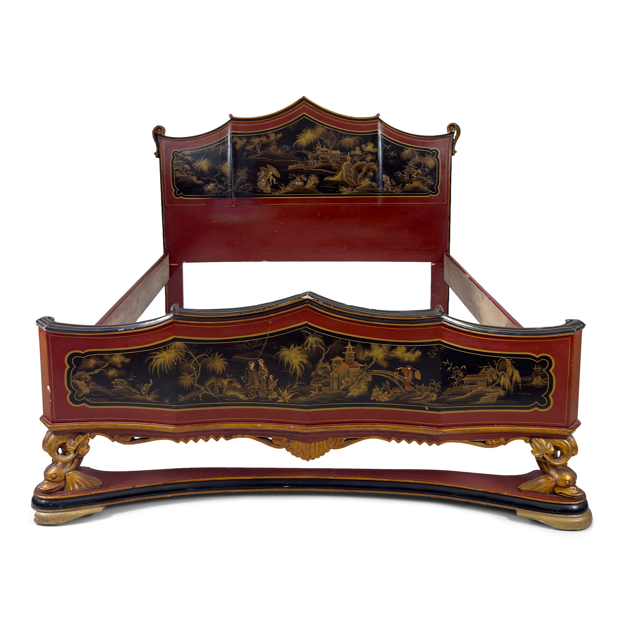 Camera da letto di stile eclettico in legno laccato rosso pompeiano e nero, anni '50