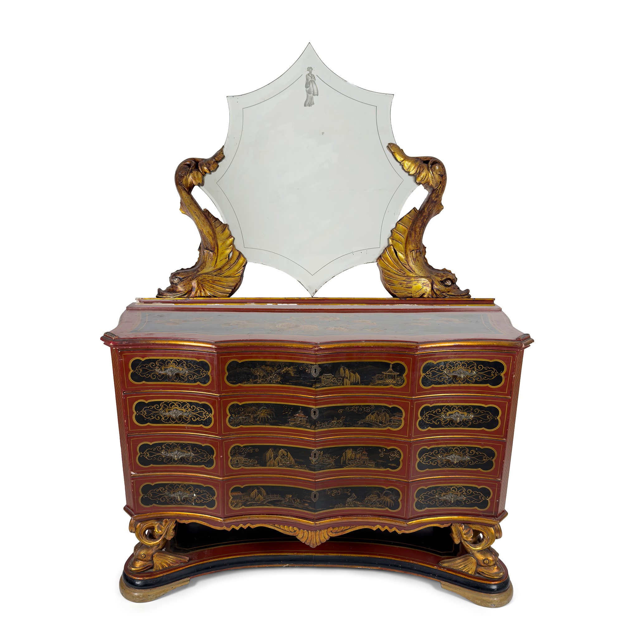 Camera da letto di stile eclettico in legno laccato rosso pompeiano e nero, anni '50