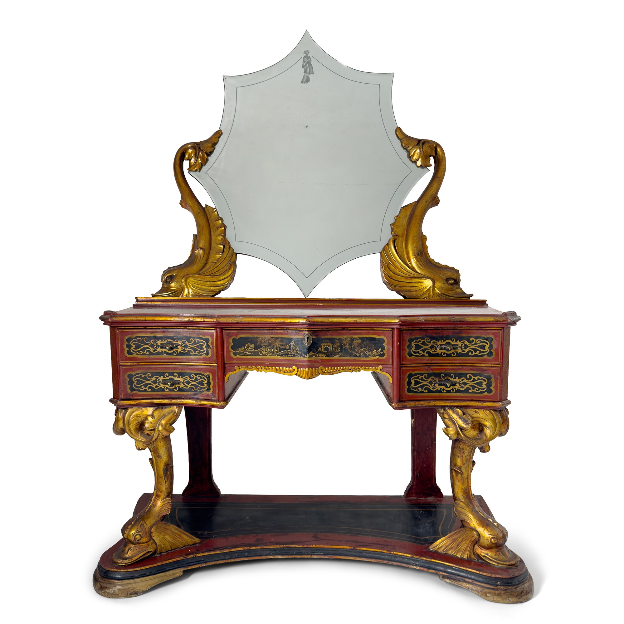 Camera da letto di stile eclettico in legno laccato rosso pompeiano e nero, anni '50