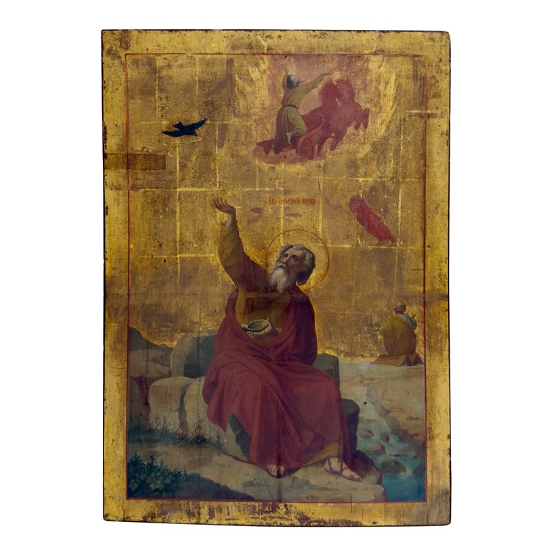 La salita ardente del profeta Elia, icona a fondo oro, XIX secolo