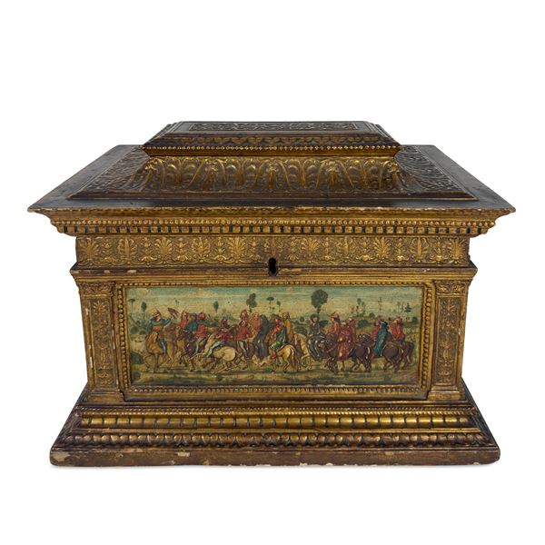 Cassina in legno e pastiglia dorata di forma architettonica in stile rinascimentale
