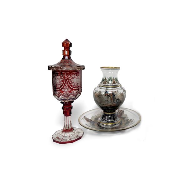 Bottiglia da notte e piatto in vetro spesso, Boemia, fine del XIX secolo